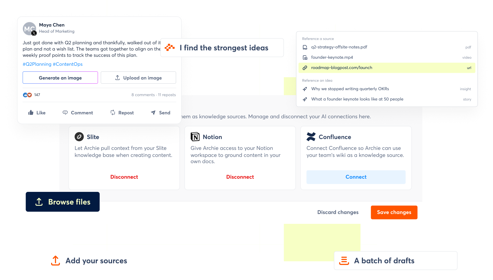 Archie AI interface combining trusted content sources, top-performing posts, and human review for secure social media creation