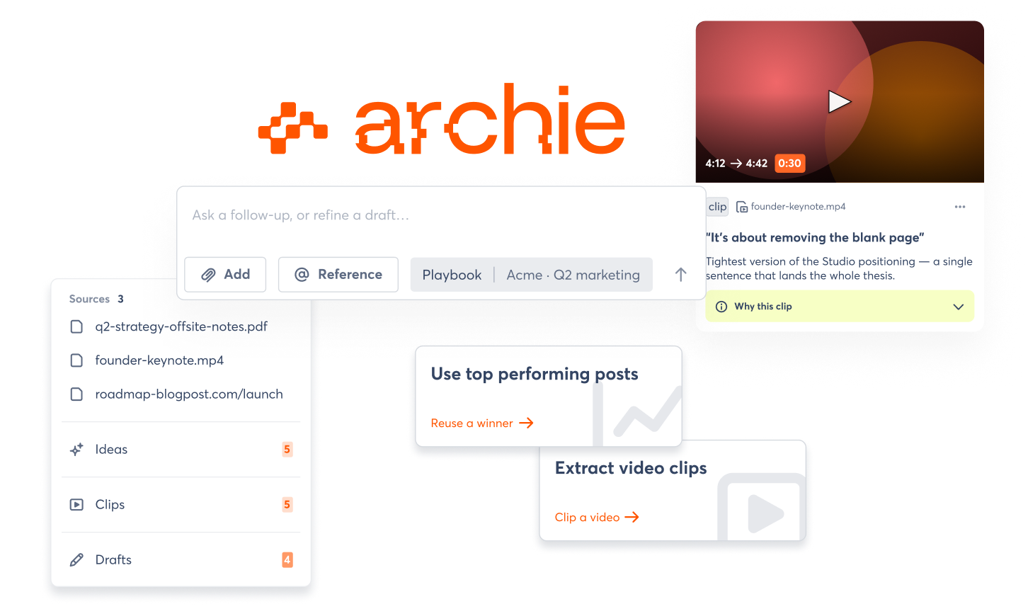 Archie AI repurposing interface turning webinars, videos, articles, and documents into on-brand social media posts
